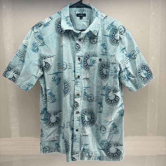 Mens Hawaiian Large Palm Trees Compass Short Sleeve Button Up Casual Shirt - Picture 1 of 4